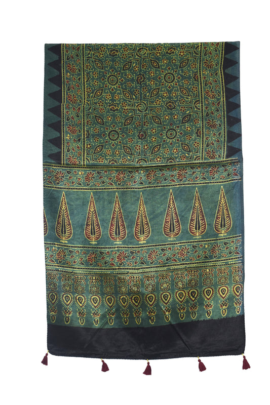 Ajrakh Mashru Silk Natural Dye Hand Block Print Stole With Tassels - 2 Mtr Length   -  SKU : AI0770AD