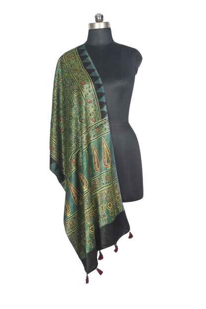 Ajrakh Mashru Silk Natural Dye Hand Block Print Stole With Tassels - 2 Mtr Length   -  SKU : AI0770AD