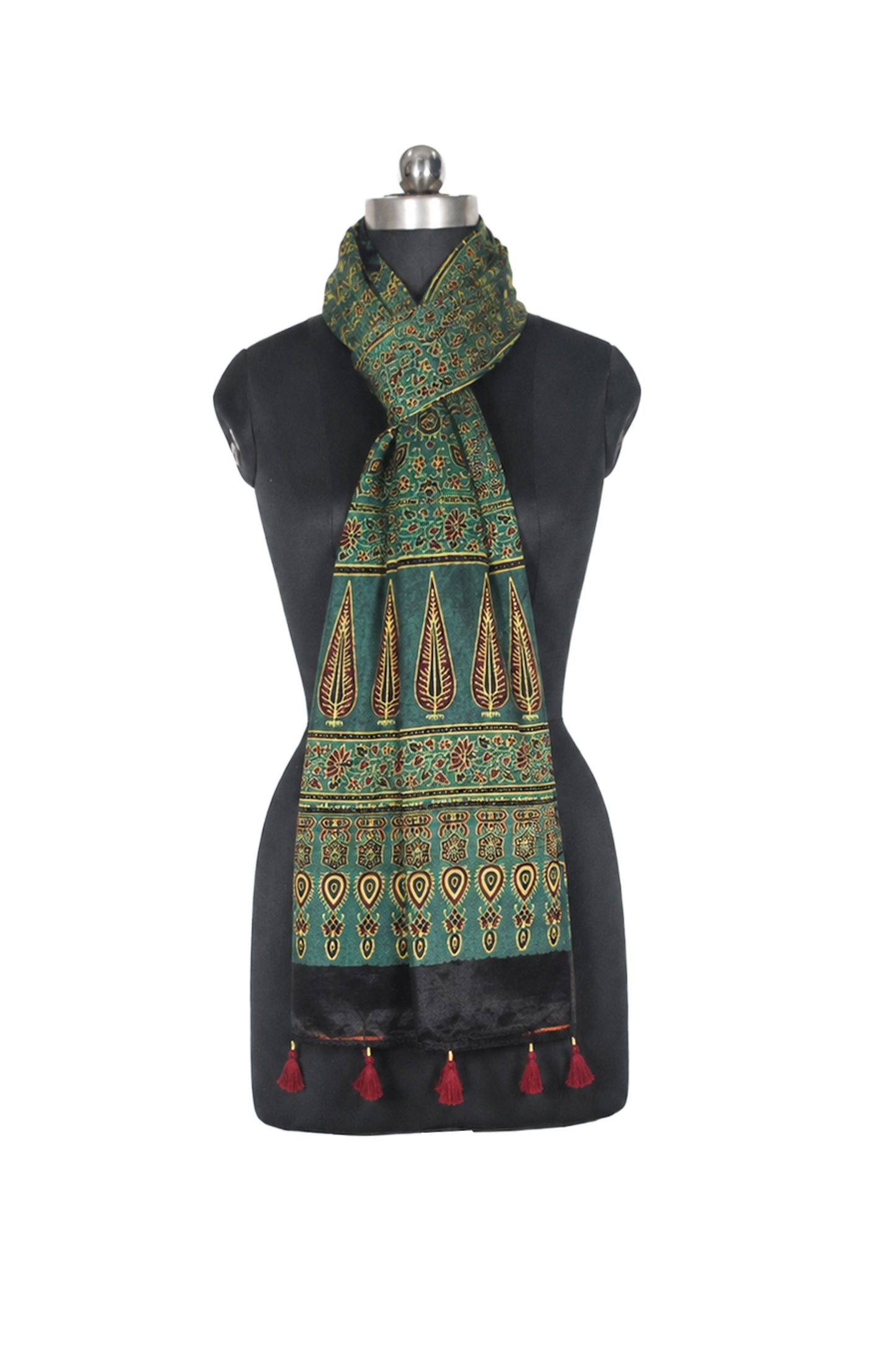 Ajrakh Mashru Silk Natural Dye Hand Block Print Stole With Tassels - 2 Mtr Length   -  SKU : AI0770AD