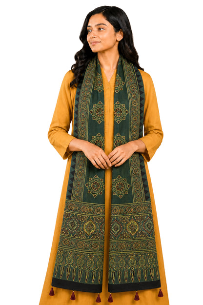 Ajrakh Mashru Silk Natural Dye Hand Block Print Stole With Tassels - 2 Mtr Length   -  SKU : AI0770AJ