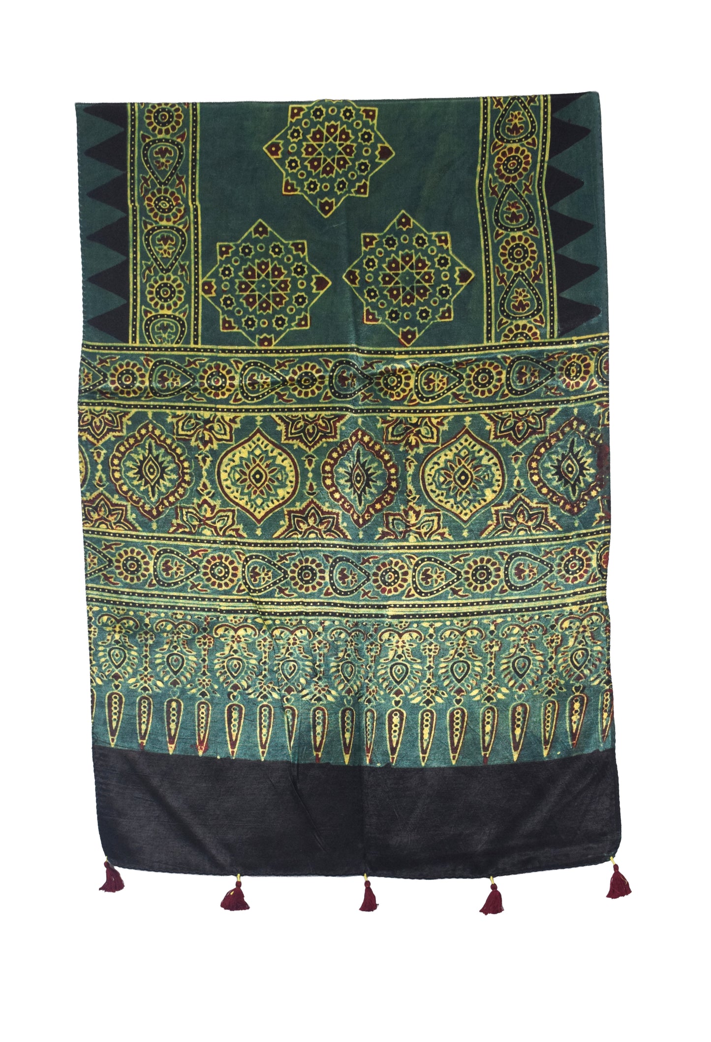 Ajrakh Mashru Silk Natural Dye Hand Block Print Stole With Tassels - 2 Mtr Length   -  SKU : AI0770AJ