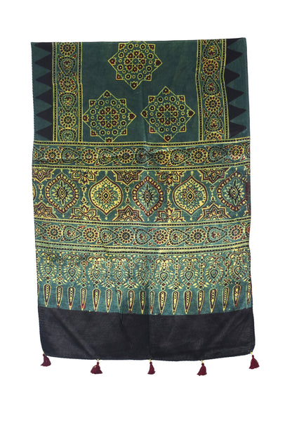 Ajrakh Mashru Silk Natural Dye Hand Block Print Stole With Tassels - 2 Mtr Length   -  SKU : AI0770AJ