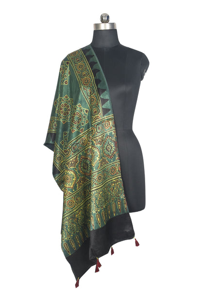 Ajrakh Mashru Silk Natural Dye Hand Block Print Stole With Tassels - 2 Mtr Length   -  SKU : AI0770AJ
