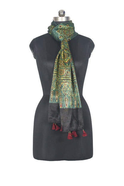 Ajrakh Mashru Silk Natural Dye Hand Block Print Stole With Tassels - 2 Mtr Length   -  SKU : AI0770AJ