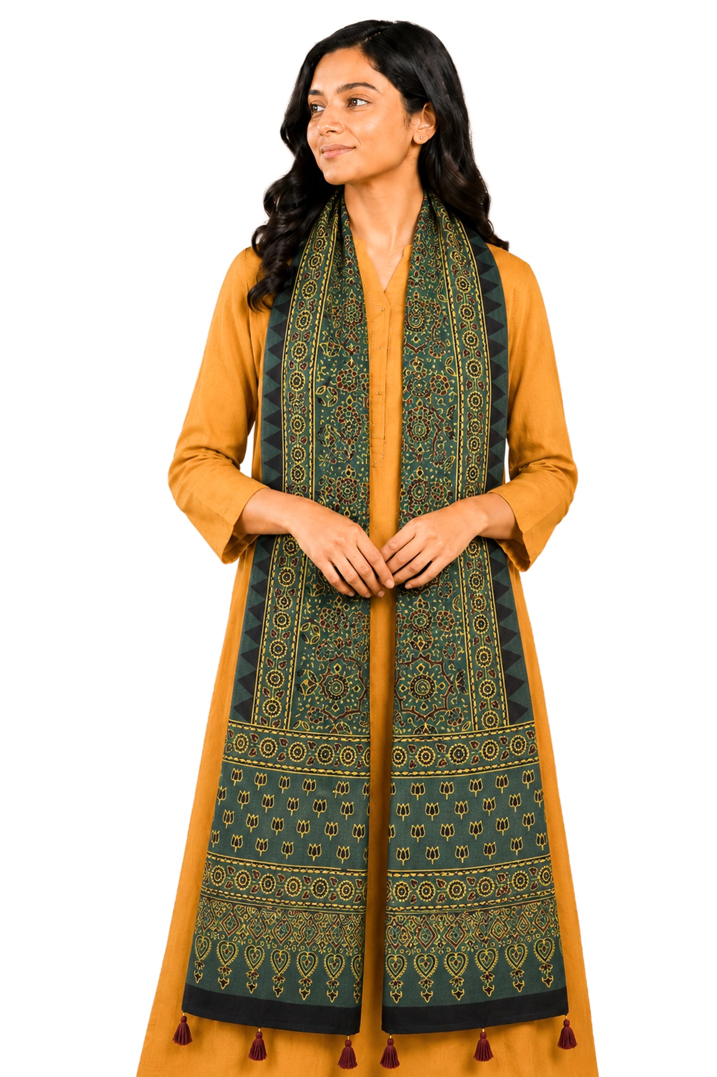 Ajrakh Mashru Silk Natural Dye Hand Block Print Stole With Tassels - 2 Mtr Length   -  SKU : AI0770AP