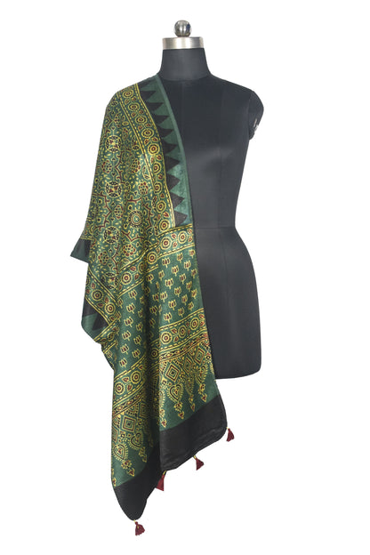 Ajrakh Mashru Silk Natural Dye Hand Block Print Stole With Tassels - 2 Mtr Length   -  SKU : AI0770AP