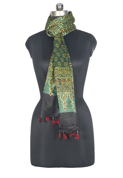 Ajrakh Mashru Silk Natural Dye Hand Block Print Stole With Tassels - 2 Mtr Length   -  SKU : AI0770AP