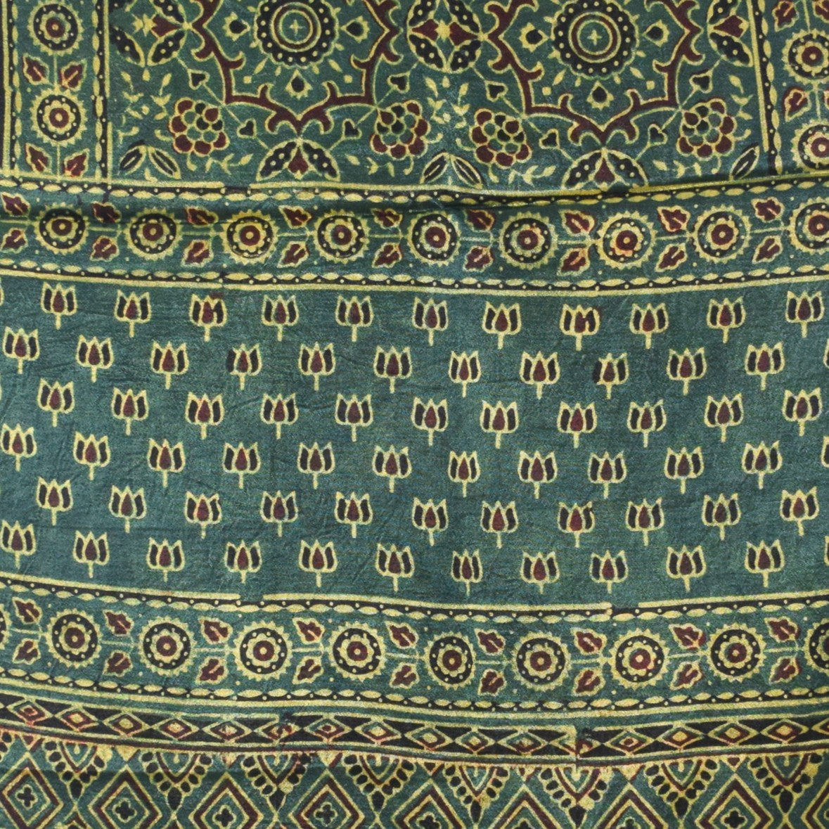 Ajrakh Mashru Silk Natural Dye Hand Block Print Stole With Tassels - 2 Mtr Length   -  SKU : AI0770AP