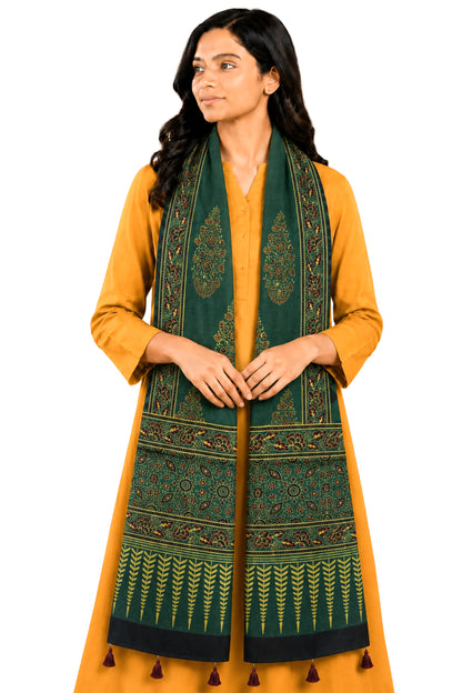 Ajrakh Mashru Silk Natural Dye Hand Block Print Stole With Tassels - 2 Mtr Length   -  SKU : AI0770AV