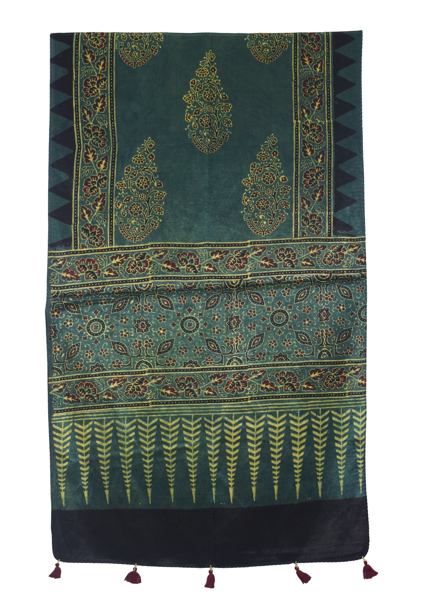 Ajrakh Mashru Silk Natural Dye Hand Block Print Stole With Tassels - 2 Mtr Length   -  SKU : AI0770AV