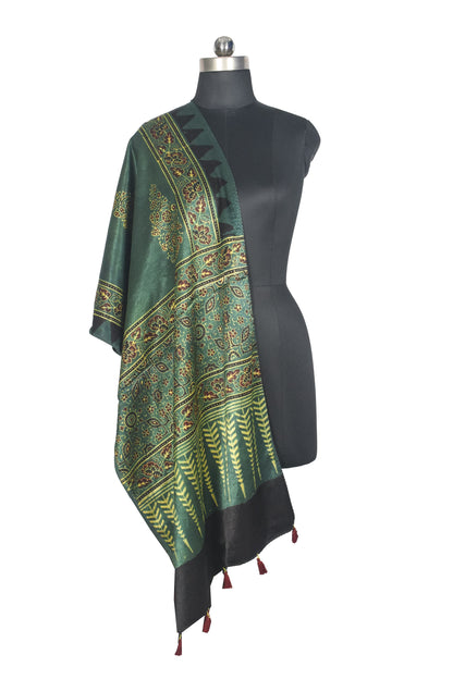 Ajrakh Mashru Silk Natural Dye Hand Block Print Stole With Tassels - 2 Mtr Length   -  SKU : AI0770AV