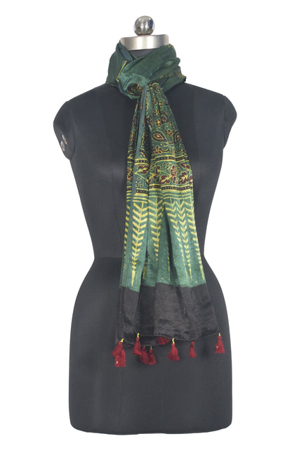 Ajrakh Mashru Silk Natural Dye Hand Block Print Stole With Tassels - 2 Mtr Length   -  SKU : AI0770AV
