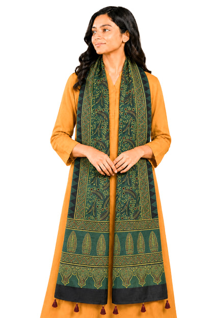 Ajrakh Mashru Silk Natural Dye Hand Block Print Stole With Tassels - 2 Mtr Length   -  SKU : AI0770BF