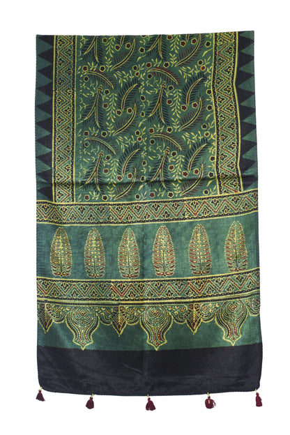 Ajrakh Mashru Silk Natural Dye Hand Block Print Stole With Tassels - 2 Mtr Length   -  SKU : AI0770BF