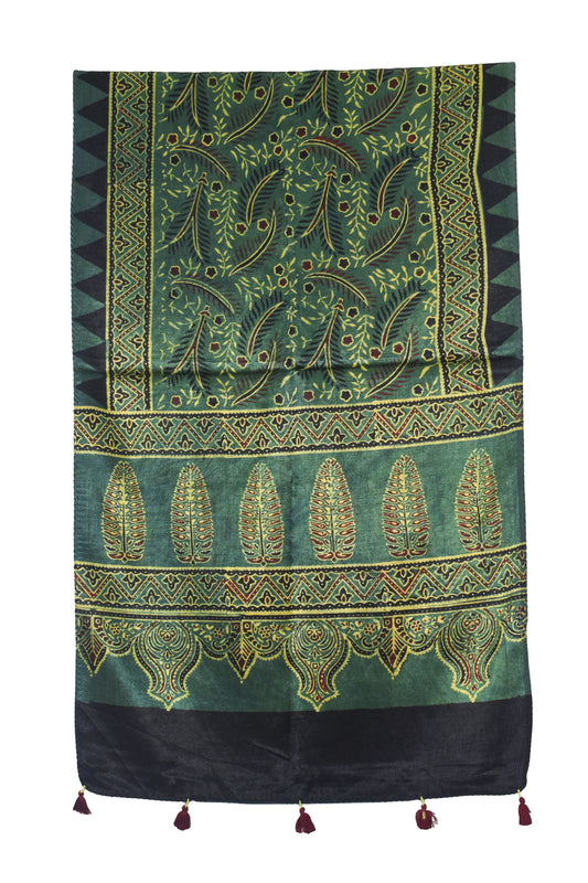 Ajrakh Mashru Silk Natural Dye Hand Block Print Stole With Tassels - 2 Mtr Length   -  SKU : AI0770BF