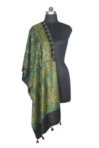 Ajrakh Mashru Silk Natural Dye Hand Block Print Stole With Tassels - 2 Mtr Length   -  SKU : AI0770BF