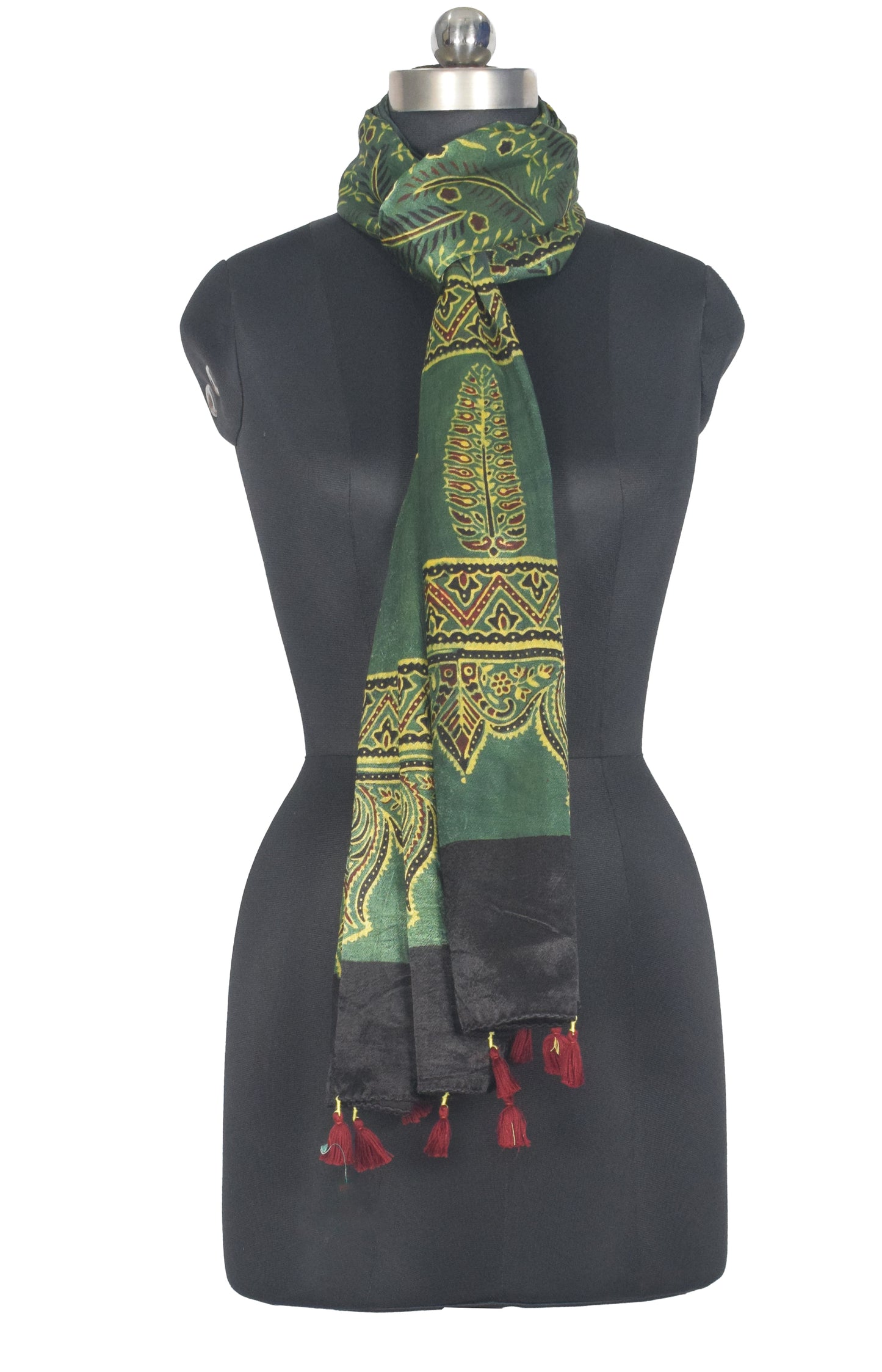 Ajrakh Mashru Silk Natural Dye Hand Block Print Stole With Tassels - 2 Mtr Length   -  SKU : AI0770BF