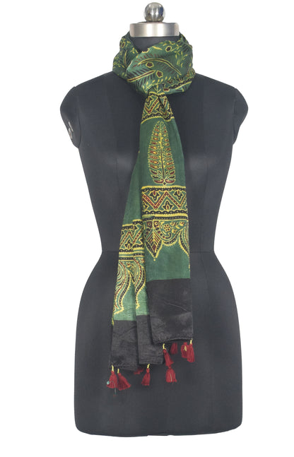 Ajrakh Mashru Silk Natural Dye Hand Block Print Stole With Tassels - 2 Mtr Length   -  SKU : AI0770BF