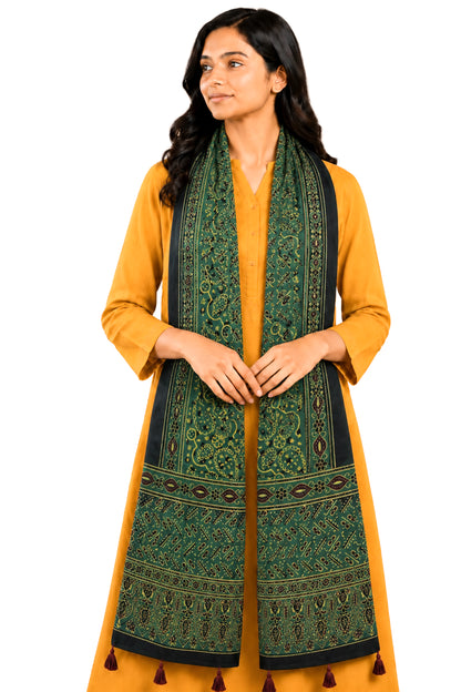 Ajrakh Mashru Silk Natural Dye Hand Block Print Stole With Tassels - 2 Mtr Length   -  SKU : AI0770BK