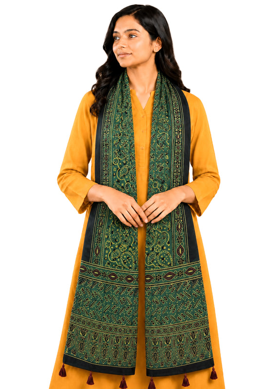 Ajrakh Mashru Silk Natural Dye Hand Block Print Stole With Tassels - 2 Mtr Length   -  SKU : AI0770BK