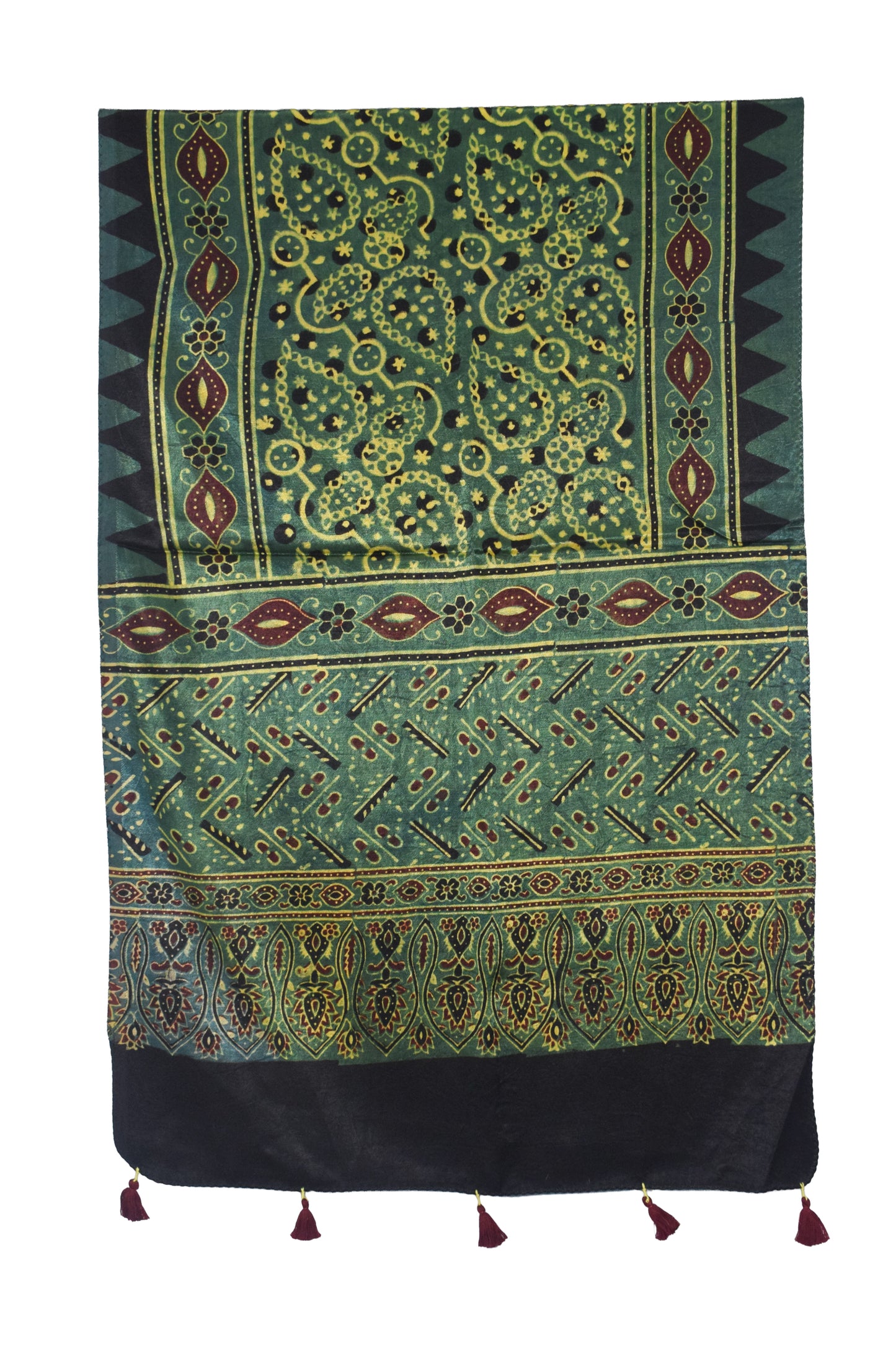 Ajrakh Mashru Silk Natural Dye Hand Block Print Stole With Tassels - 2 Mtr Length   -  SKU : AI0770BK