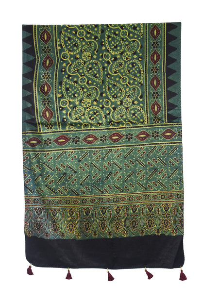Ajrakh Mashru Silk Natural Dye Hand Block Print Stole With Tassels - 2 Mtr Length   -  SKU : AI0770BK