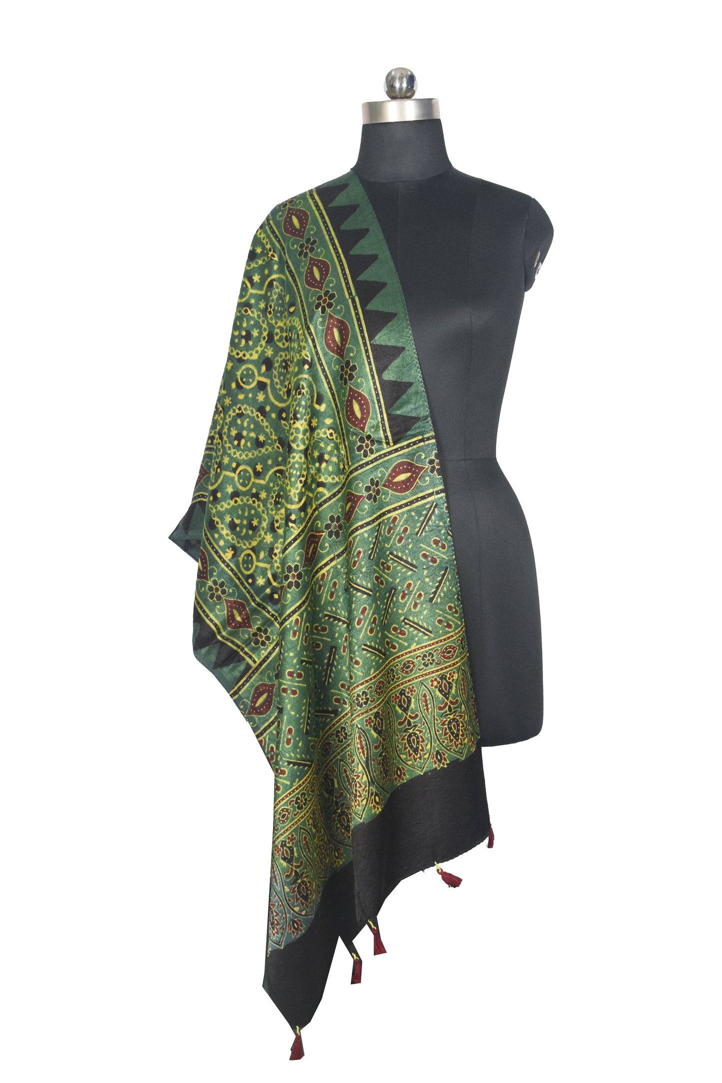 Ajrakh Mashru Silk Natural Dye Hand Block Print Stole With Tassels - 2 Mtr Length   -  SKU : AI0770BK