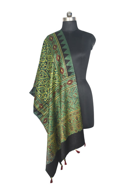 Ajrakh Mashru Silk Natural Dye Hand Block Print Stole With Tassels - 2 Mtr Length   -  SKU : AI0770BK