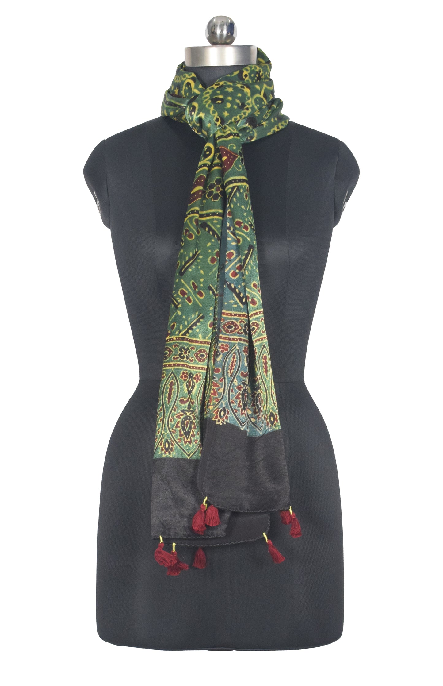 Ajrakh Mashru Silk Natural Dye Hand Block Print Stole With Tassels - 2 Mtr Length   -  SKU : AI0770BK