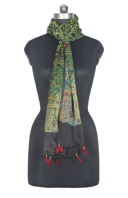 Ajrakh Mashru Silk Natural Dye Hand Block Print Stole With Tassels - 2 Mtr Length   -  SKU : AI0770BK