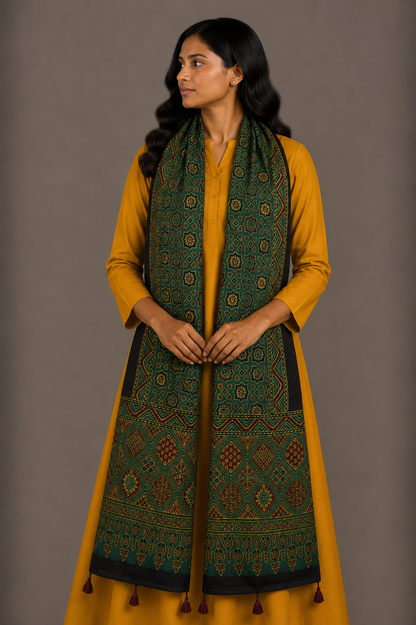 Ajrakh Mashru Silk Natural Dye Hand Block Print Stole With Tassels - 2 Mtr Length    -  SKU : MS10B01U