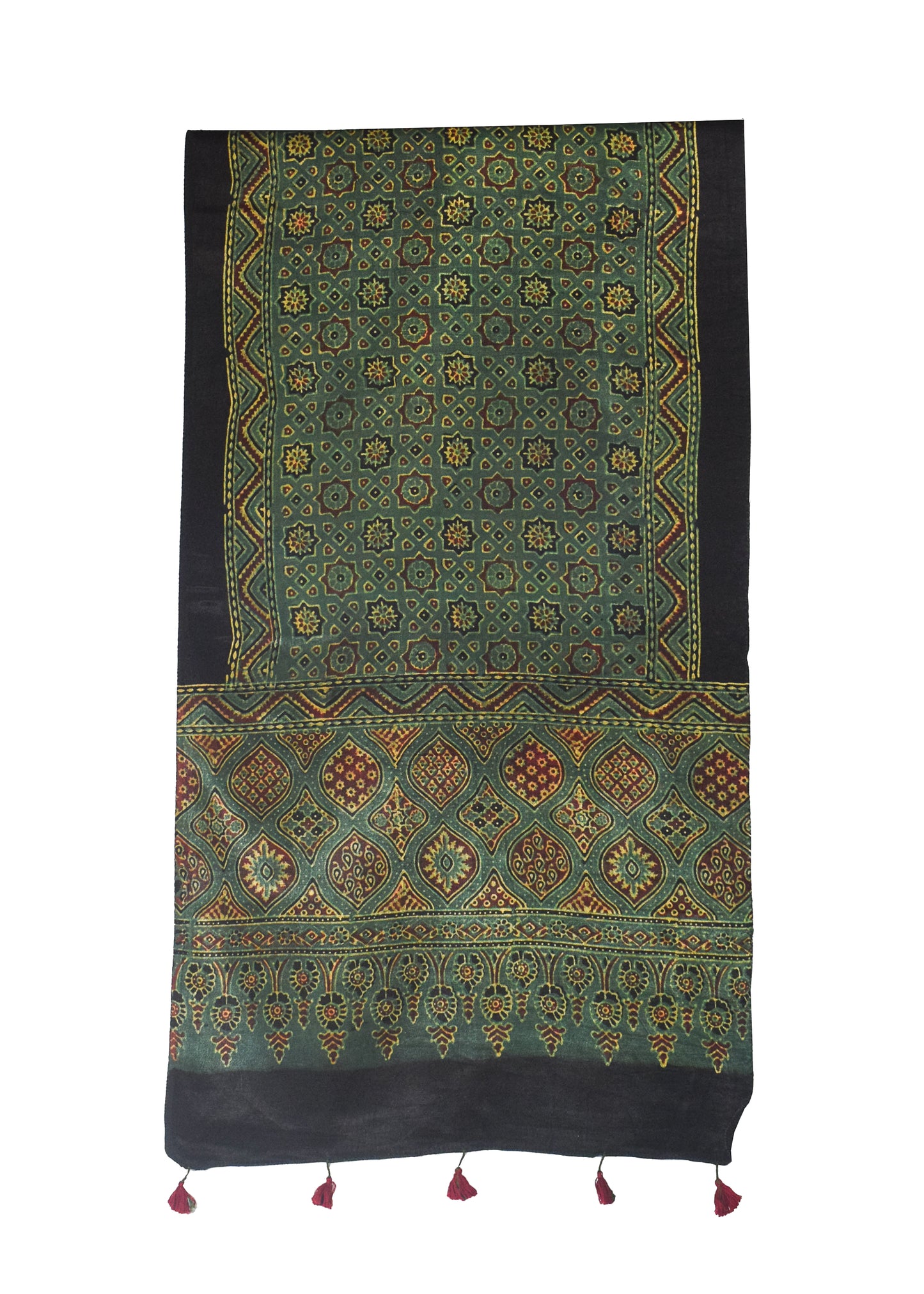 Ajrakh Mashru Silk Natural Dye Hand Block Print Stole With Tassels - 2 Mtr Length    -  SKU : MS10B01U