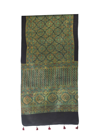 Ajrakh Mashru Silk Natural Dye Hand Block Print Stole With Tassels - 2 Mtr Length    -  SKU : MS10B01V