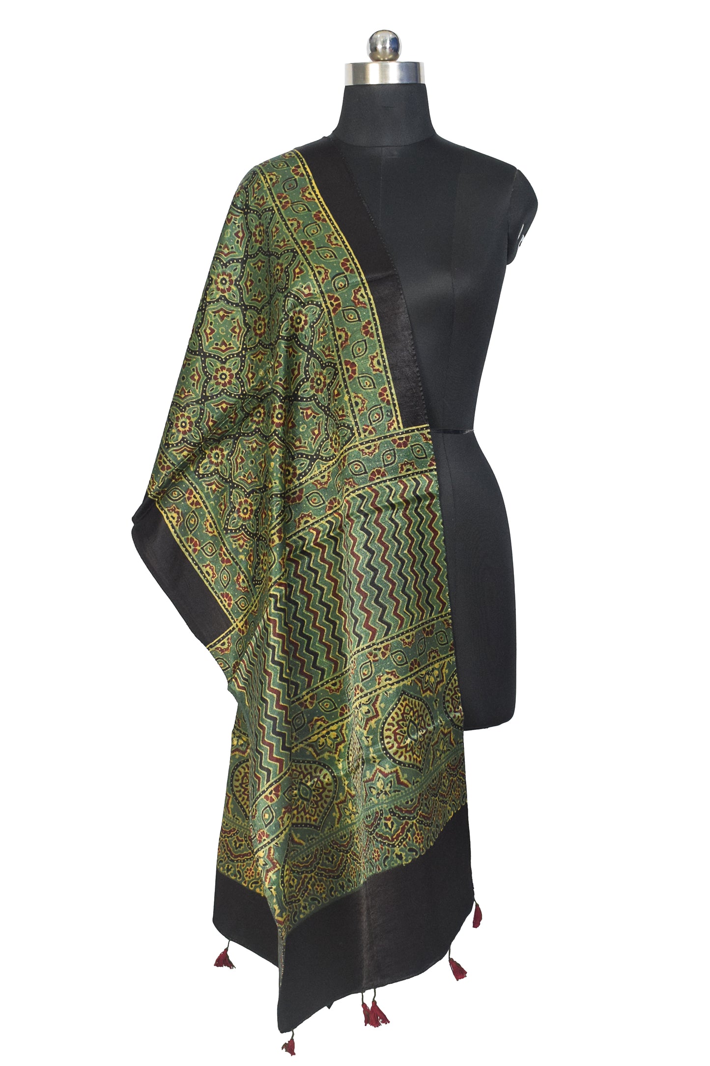 Ajrakh Mashru Silk Natural Dye Hand Block Print Stole With Tassels - 2 Mtr Length    -  SKU : MS10B01V