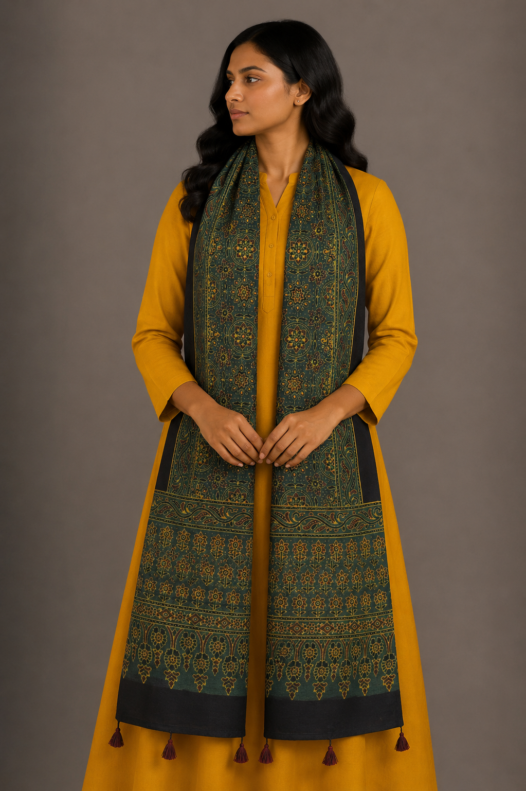 Ajrakh Mashru Silk Natural Dye Hand Block Print Stole With Tassels - 2 Mtr Length    -  SKU : MS10B01W