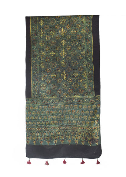 Ajrakh Mashru Silk Natural Dye Hand Block Print Stole With Tassels - 2 Mtr Length    -  SKU : MS10B01W