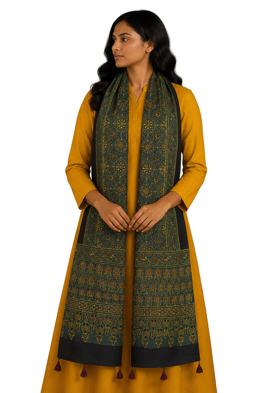 Ajrakh Mashru Silk Natural Dye Hand Block Print Stole With Tassels - 2 Mtr Length - SKU : MS10B01W