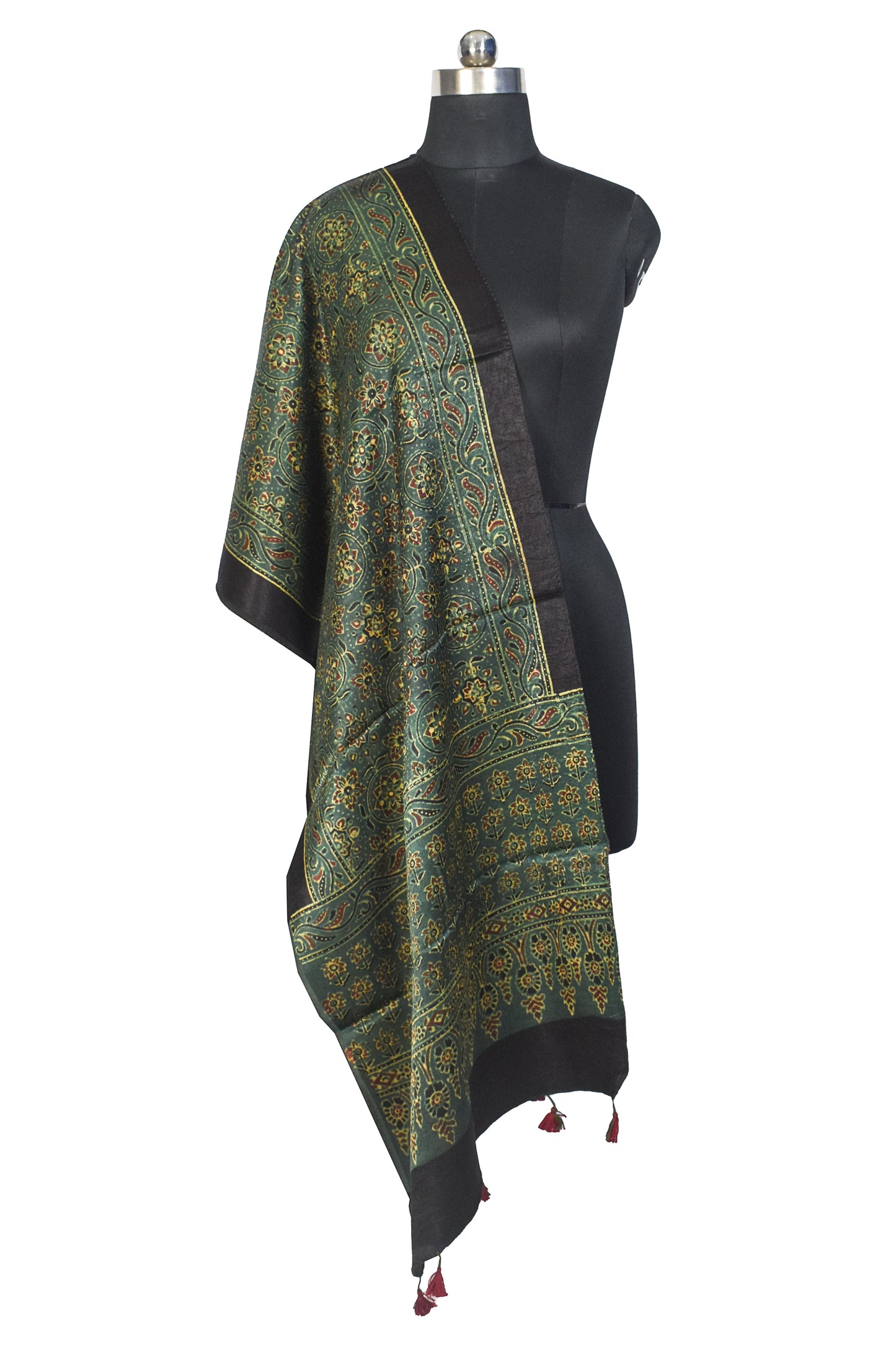 Ajrakh Mashru Silk Natural Dye Hand Block Print Stole With Tassels - 2 Mtr Length    -  SKU : MS10B01W