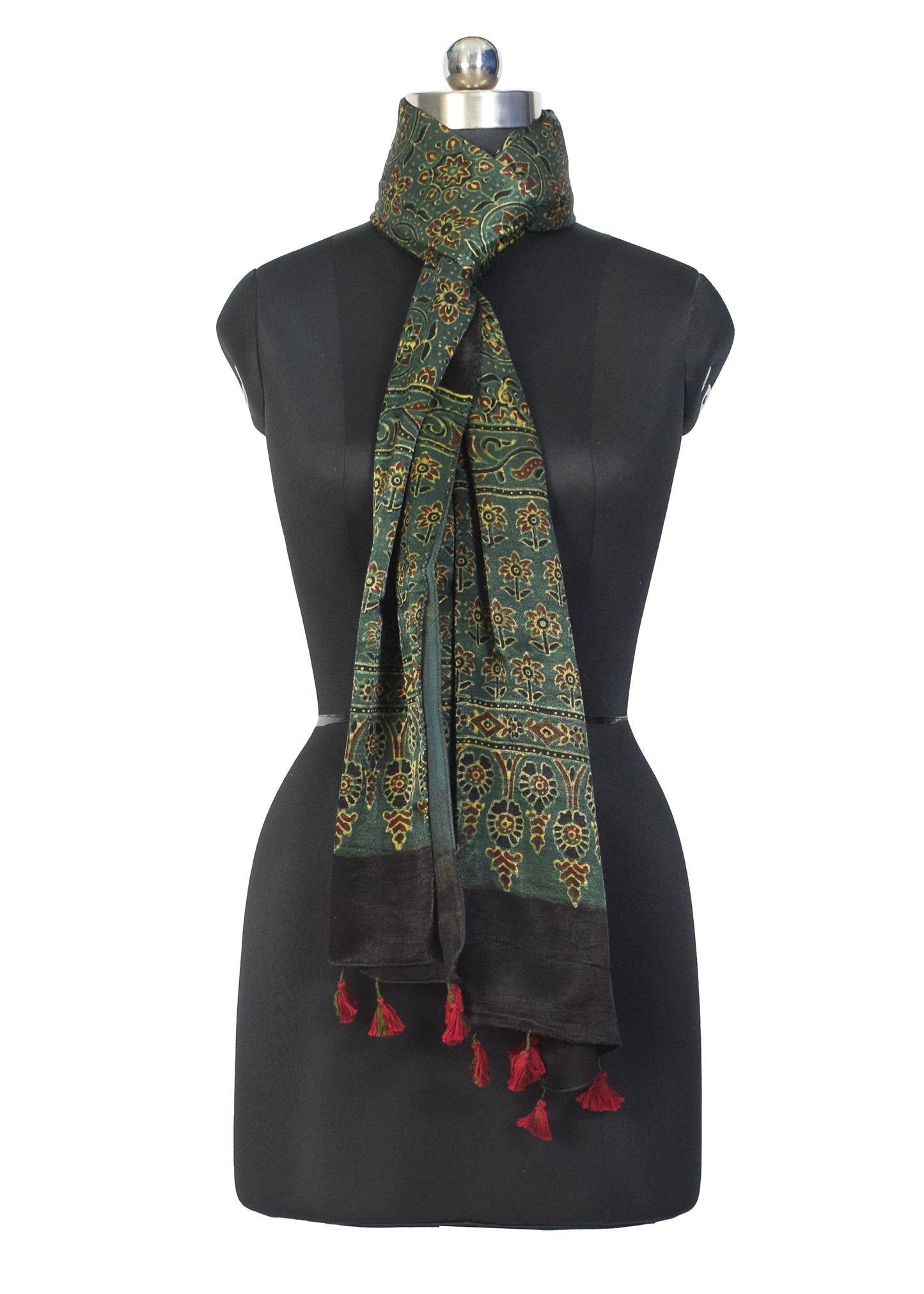 Ajrakh Mashru Silk Natural Dye Hand Block Print Stole With Tassels - 2 Mtr Length    -  SKU : MS10B01W