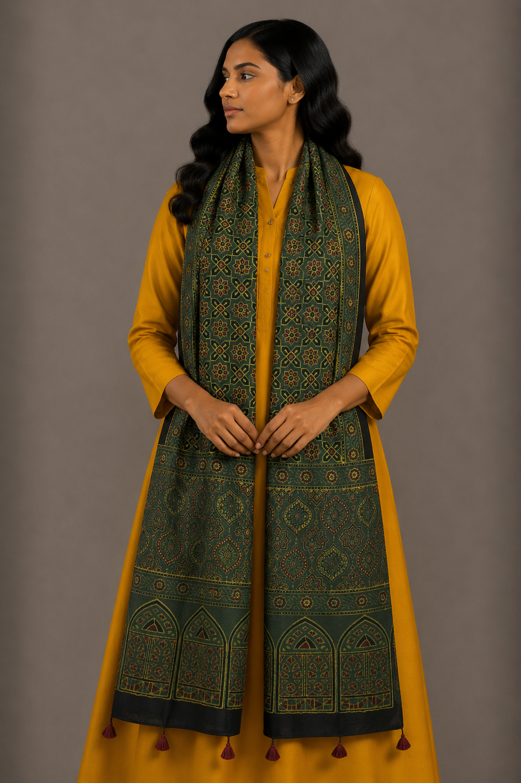 Ajrakh Mashru Silk Natural Dye Hand Block Print Stole With Tassels - 2 Mtr Length    -  SKU : MS10B01X