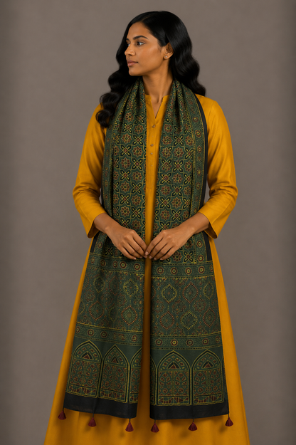 Ajrakh Mashru Silk Natural Dye Hand Block Print Stole With Tassels - 2 Mtr Length    -  SKU : MS10B01X