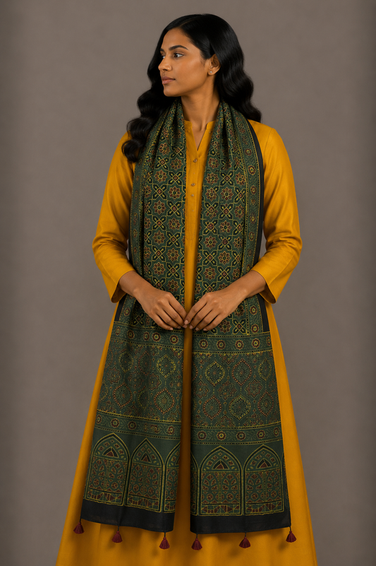 Ajrakh Mashru Silk Natural Dye Hand Block Print Stole With Tassels - 2 Mtr Length    -  SKU : MS10B01X