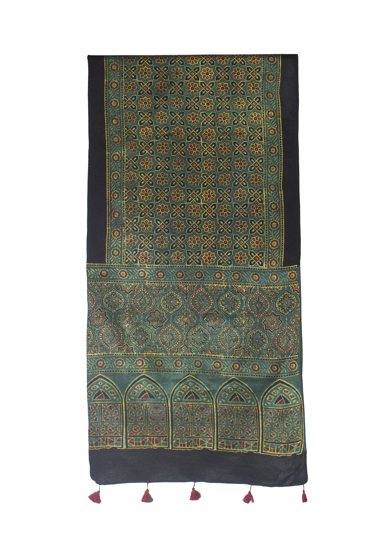 Ajrakh Mashru Silk Natural Dye Hand Block Print Stole With Tassels - 2 Mtr Length    -  SKU : MS10B01X