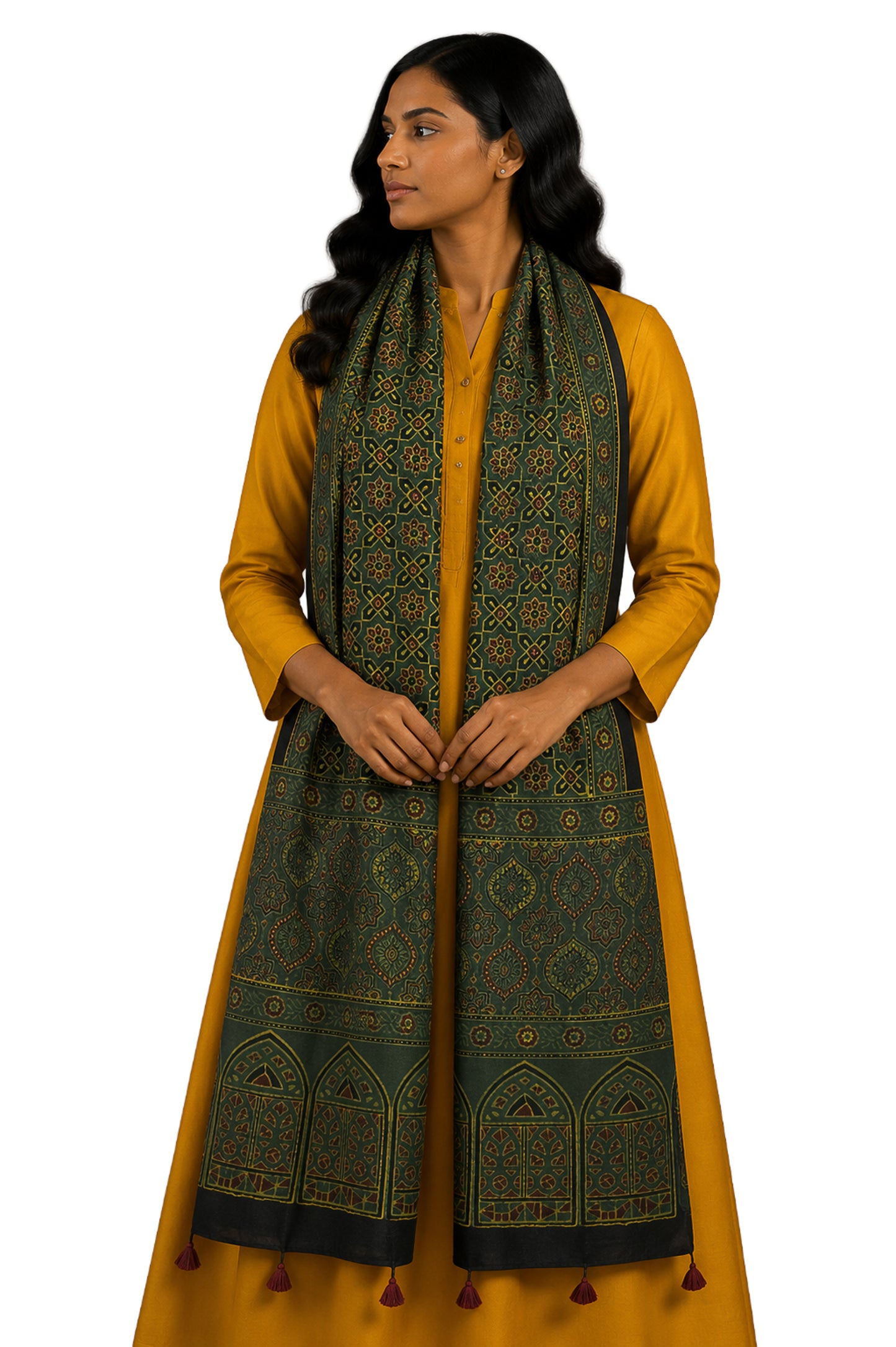 Ajrakh Mashru Silk Natural Dye Hand Block Print Stole With Tassels - 2 Mtr Length    -  SKU : MS10B01X