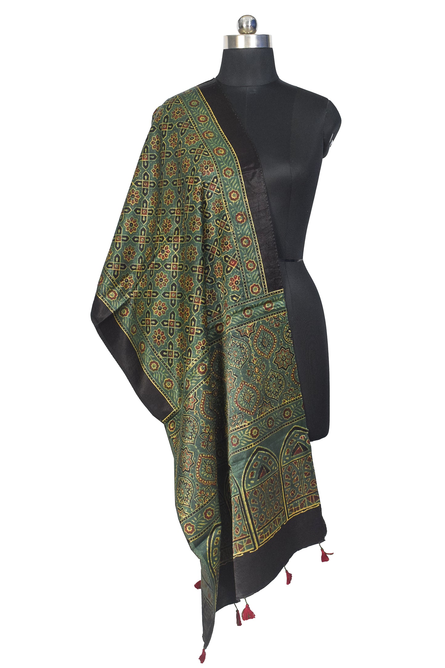 Ajrakh Mashru Silk Natural Dye Hand Block Print Stole With Tassels - 2 Mtr Length    -  SKU : MS10B01X