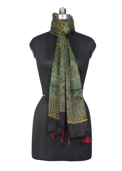 Ajrakh Mashru Silk Natural Dye Hand Block Print Stole With Tassels - 2 Mtr Length    -  SKU : MS10B01X