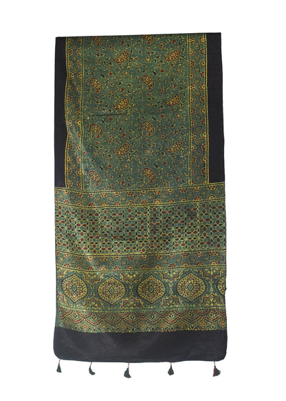 Ajrakh Mashru Silk Natural Dye Hand Block Print Stole With Tassels - 2 Mtr Length    -  SKU : MS10B01Y