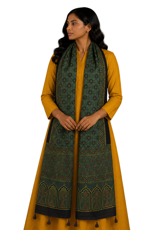 Ajrakh Mashru Silk Natural Dye Hand Block Print Stole With Tassels - 2 Mtr Length - SKU : MS10B01Z