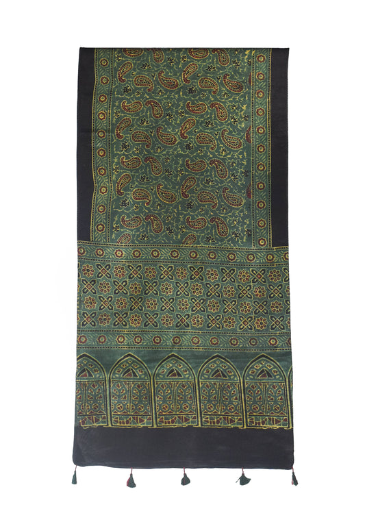 Ajrakh Mashru Silk Natural Dye Hand Block Print Stole With Tassels - 2 Mtr Length    -  SKU : MS10B0AA