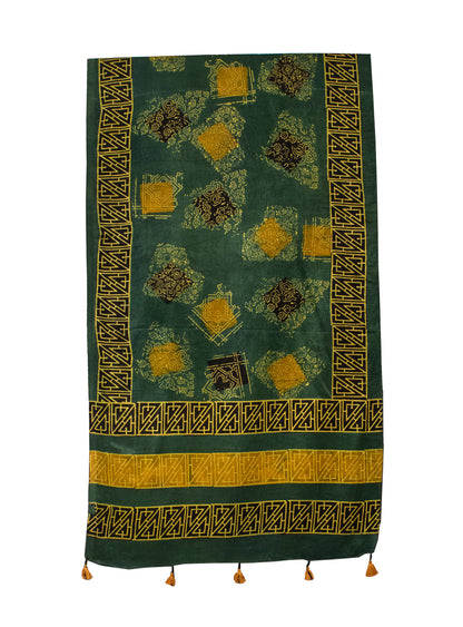 Ajrakh Mashru Silk Natural Dye Hand Block Print Stole With Tassels     -  SKU : MS19701F